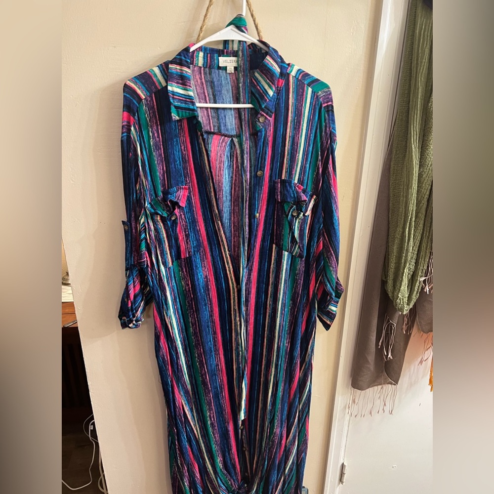 Worn once multi-colored long dress w/belt